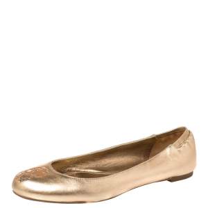 Pre Owned Alexander McQueen Gold Leather Sequin Skull Ballet Flats Size 39.5