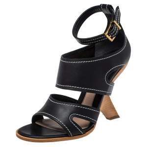 Alexander McQueen Black Leather Topstitched Ankle Strap Sandals Size 40