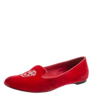 Pre Owned Alexander McQueen Red Velvet Skull Flats Size 36.5