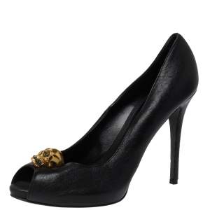 Pre Owned Alexander McQueen Black Leather Crystal Embellished Skull Detail Peep Toe Pumps Size 40