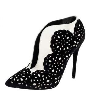 Pre Owned Alexander McQueen Black/White Laser Cut Velvet And Suede Booties Size 37