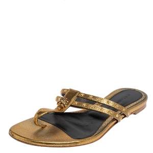 Alexander McQueen Metallic Gold Leather Embellished Skull Flat Thong Sandals Size 38