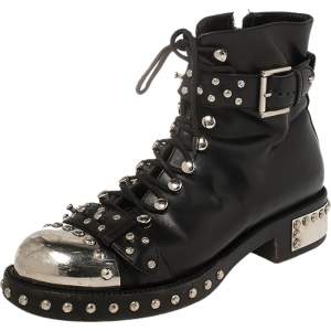 Pre Owned Alexander McQueen Black Leather Cap Toe Studded Ankle Boots Size 39