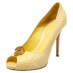 Pre Owned Alexander McQueen Light Yellow Python Leather Skull Peep Toe Pumps Size 38.5
