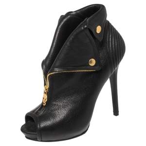 Pre Owned Alexander McQueen Black Leather Faithful Skull Peep Toe Booties Size 38