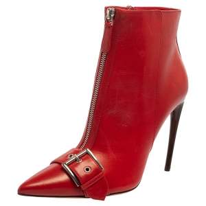 Pre Owned Alexander McQueen Red Leather Ankle Length Boots Size 41