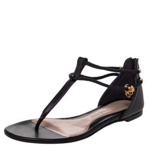 Alexander McQueen Black Leather Skull Embellished Thong Flat Sandals Size 38