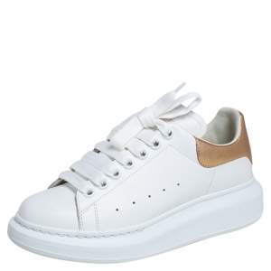 Pre Owned Alexander McQueen White/Gold Leather Larry Sneakers Size EU 37