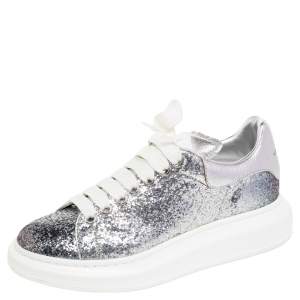 Pre Owned Alexander McQueen White/Silver Glitter And Leather Low Top Sneakers Size 40