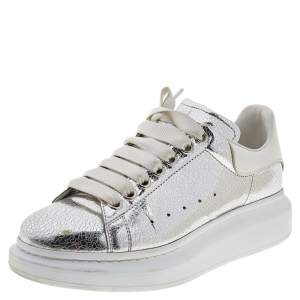 Pre Owned Alexander McQueen Metallic Silver Leather Larry Platform Lace Up Sneakers Size 38.5