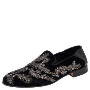 Pre Owned Alexander McQueen Black Velvet And Leather Embroidered Detail Loafers Size 42 