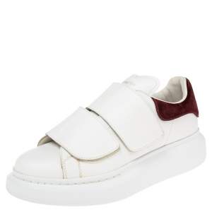 Pre Owned Alexander McQueen White Leather and Burgundy Velvet Oversized Velcro Strap Sneakers Size 37.5