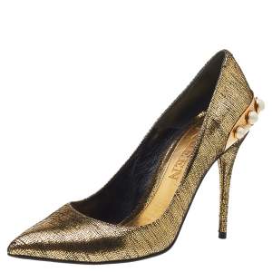 Pre Owned Alexander McQueen Metallic Gold Textured Leather Pearl Embellished Pointed Toe Pumps Size 36.5