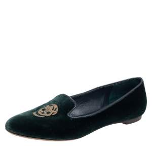 Alexander McQueen Green Velvet Skull Embroidered Smoking Slippers Size 37