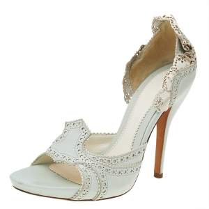 Alexander McQueen Mint Green-White Leather Perforated Slide Sandals Size 37