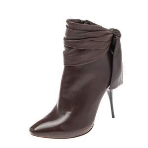 Pre Owned Alexander McQueen Brown Leather Pleat And Knot Detail Ankle Boots Size 38