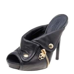 Alexander McQueen Black Leather Dredge Peep Toe Mule Sandals Size 36.5