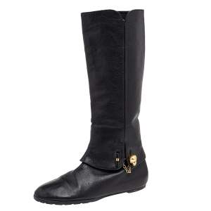 Pre Owned Alexander McQueen Black Leather Skull Boots Size 39