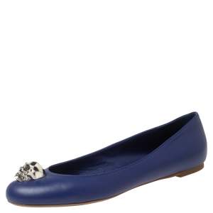 Pre Owned Alexander McQueen Blue Leather Skull Zip Detail Ballet Flats Size 40