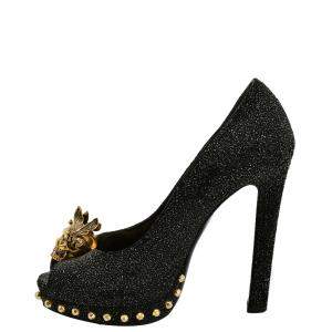 Pre Owned Alexander McQueen Black Leather Glitter Skull Embellished Peep Toe Pump EU 36