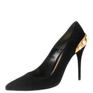 Pre Owned Alexander McQueen Black Suede  Pearl Embellished Pointed Toe Pumps Size 39
