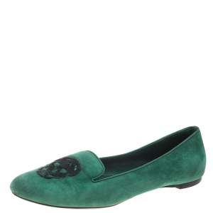 Alexander McQueen Green Suede Embellished Smoking Slippers Size 39.5