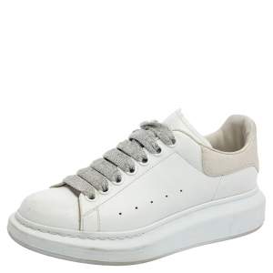 Pre Owned Alexander McQueen White Leather And Glitter Lace Up Sneakers Size 38.5
