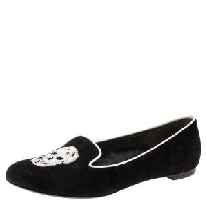 Pre Owned Alexander McQueen Black Suede Sequins Skull Smoking Slippers Size 38 
