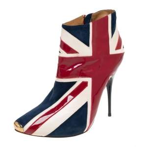 Pre Owned Alexander McQueen Tri-Color Suede, Patent and Leather Union Jack Ankle Boots Size 39
