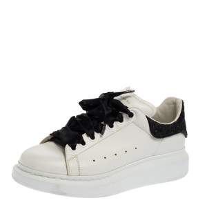 Pre Owned Alexander McQueen White/Black Leather and Glitter Oversized Sneakers Size 40.5