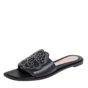 Pre Owned Alexander McQueen Black Leather Studded Flower Applique Flat Slides Size 39