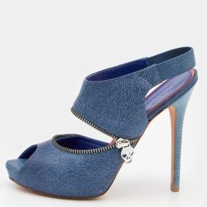 Alexander McQueen Blue Leather Slingback Platform Sandals Size 38