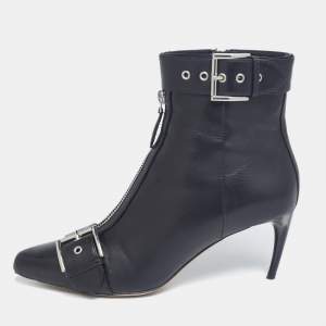 Pre Owned Alexander McQueen Black Leather Buckle Ankle Length Boots Size 38