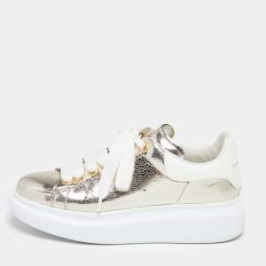 Pre Owned Alexander McQueen White/Gold  Leather Oversized Sneakers Size 36