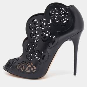 Alexander McQueen Black Floral Laser Cut Leather Peep Toe Booties Size 38