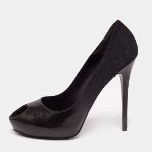 Alexander McQueen Black Suede And Patent Leather Platform Peep Toe Pumps Size 40
