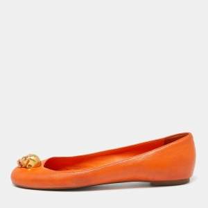Pre Owned Alexander McQueen Orange Leather Skull City Ballet Flats Size 38.5