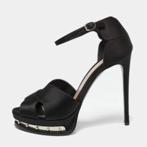 Pre Owned Alexander McQueen Black Satin Studded Platform Ankle-Strap Sandals Size 39