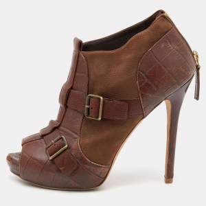 Alexander McQueen Brown Leather Buckle Ankle Length Boots Size 39