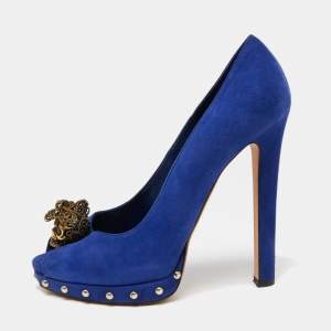 Pre Owned Alexander McQueen Blue Suede Embellished Skull Peep-Toe Platform Pumps Size 39