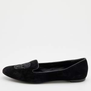 Pre Owned Alexander McQueen Black Suede Sequin Skull Smoking Slippers Size 40.5