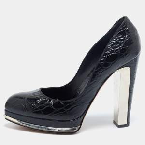Pre Owned Alexander McQueen Black Croc Embossed Leather Platform Pumps Size 39
