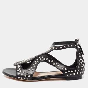 Alexander McQueen Black Micro Studded Leather Cage Flat Sandals Size 38
