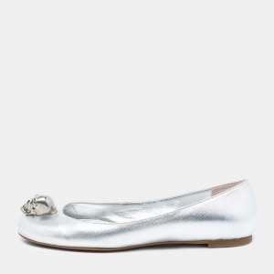 Pre Owned Alexander McQueen Silver Leather Skull City Ballet Flats Size 38