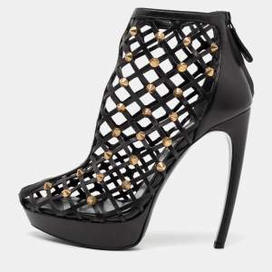 Pre Owned Alexander McQueen Black Laser Cut Leather Studded Platform Booties Size 39