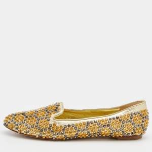 Pre Owned Alexander McQueen Metallic Gold Leather Stud Embellished Smoking Slippers Size 38