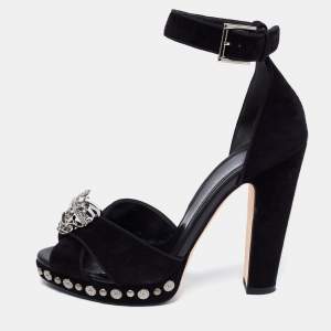 Alexander McQueen Black Suede Crystal Embellished Skull Ankle Strap Sandals Size 38