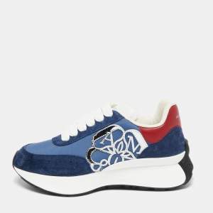 Pre Owned Alexander McQueen Navy Blue/Red Fabric, Leather and Suede Sprint Runner Low-Top Sneakers Size 37