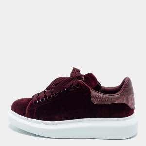 Pre Owned Alexander McQueen Burgundy Velvet And Snakeskin Oversized Low Top Sneakers Size 39.5