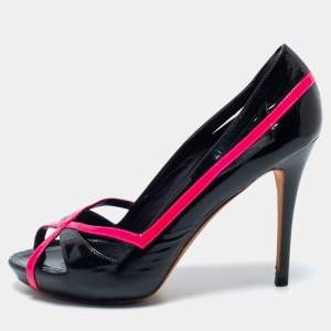 Alexander McQueen Black/Pink Patent Leather Open Toe Platform Pumps Size 37